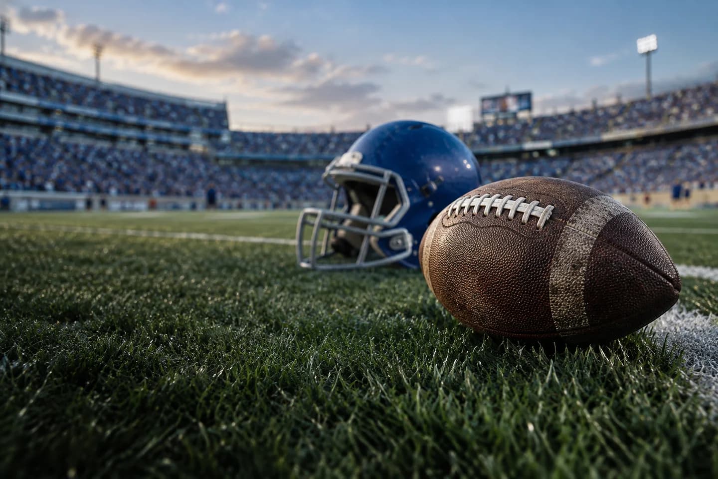 Illustrative football and blue helmet on the sideline of a college stadium